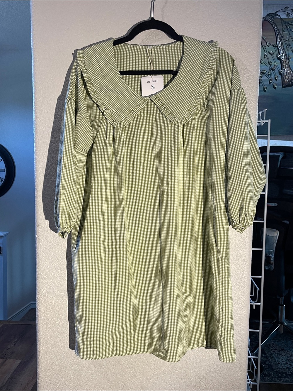 Green Gingham Puff Sleeve Dress with Peter Pan Collar Sz S NWT
